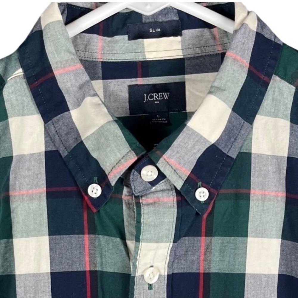 J.Crew Button Down Shirt Mens L Green Navy Plaid Slim Fit Long Sleeve Cotton